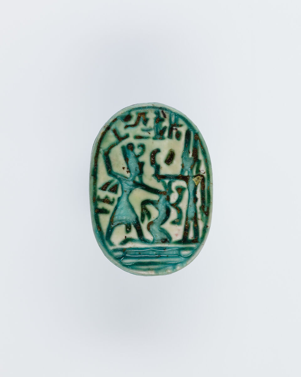 Scarab Depicting Ramesses II Smiting a Prisoner Before Amun, Steatite, glazed 