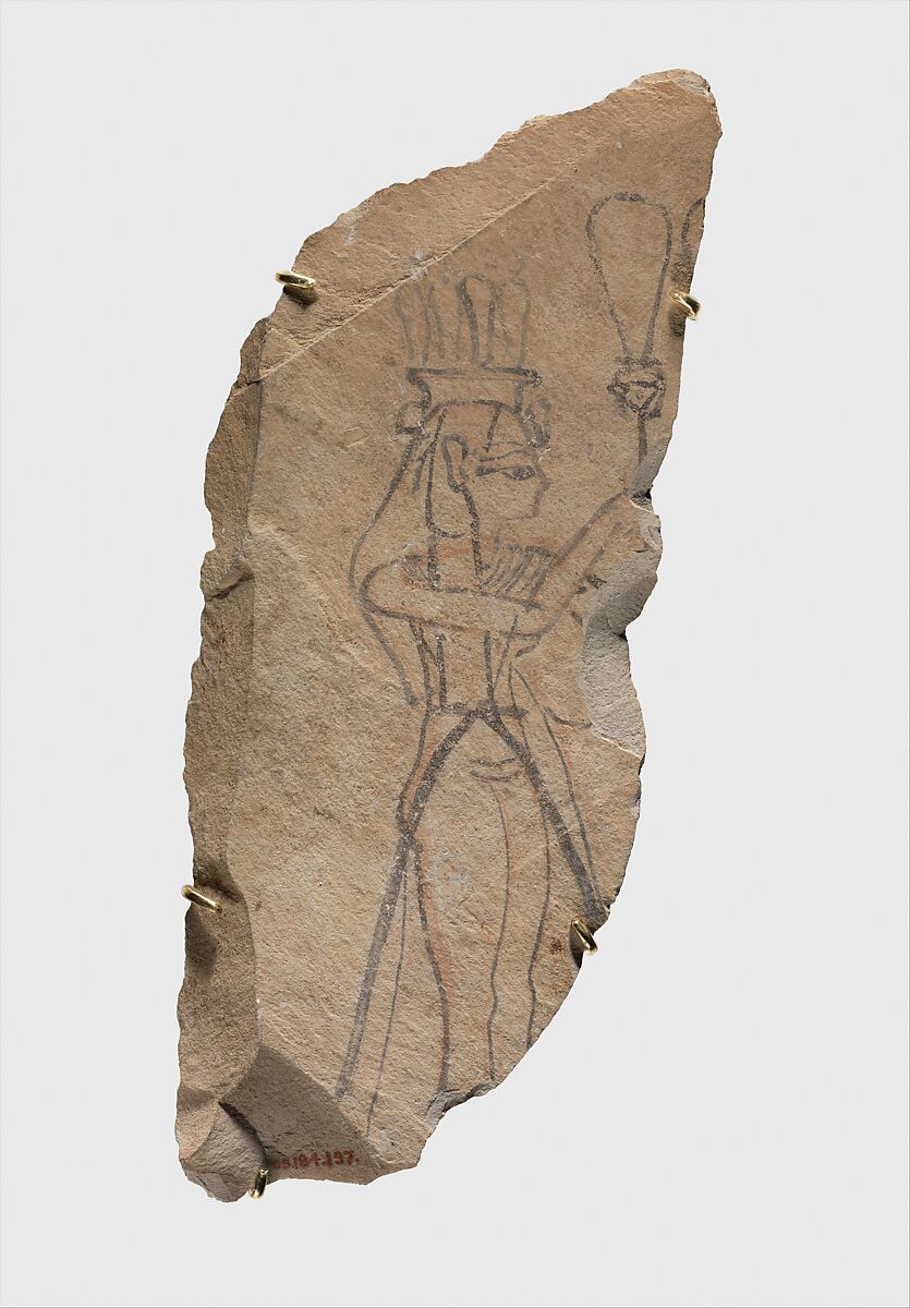 Ostracon Depicting a Queen Holding a Sistrum, Limestone, paint 