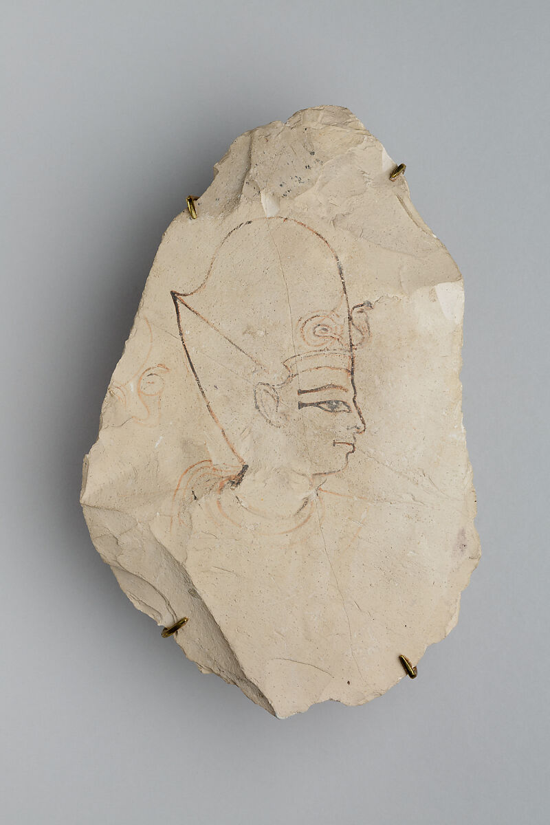 Ostracon Depicting a King's Head, Limestone, ink 