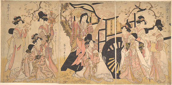 Elegant Transformed View of Drawing a Court Wagon, Kikugawa Eizan (Japanese, 1787–1867), Triptych of woodblock prints; ink and color on paper, Japan 