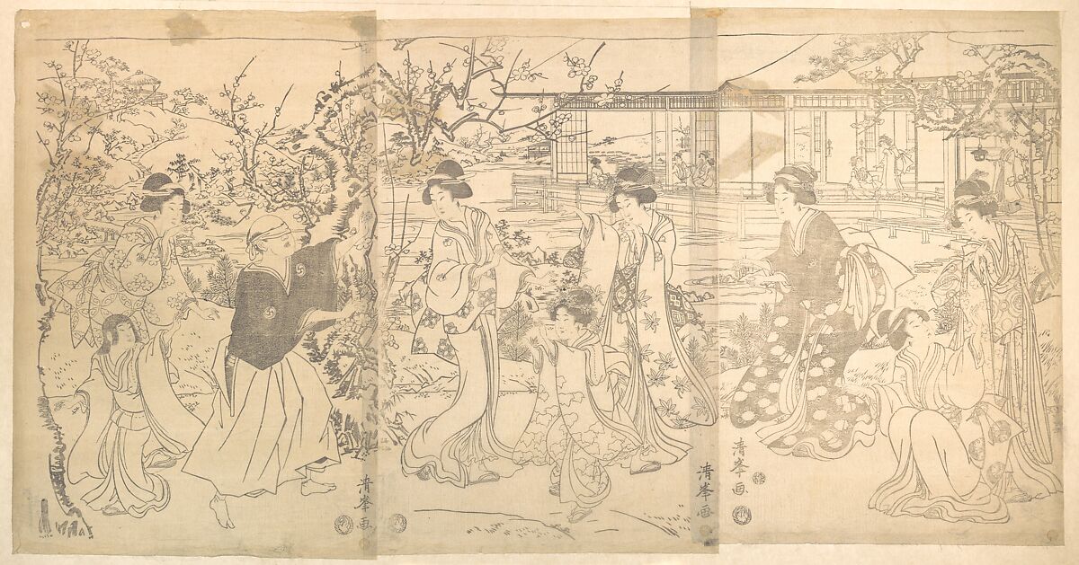 Scene from the Chushihgura (Vendetta of the 47 Loyal Retailers), Torii Kiyomine (Japanese, 1787–1868), Triptych of monochrome woodblock prints; ink on paper, Japan 