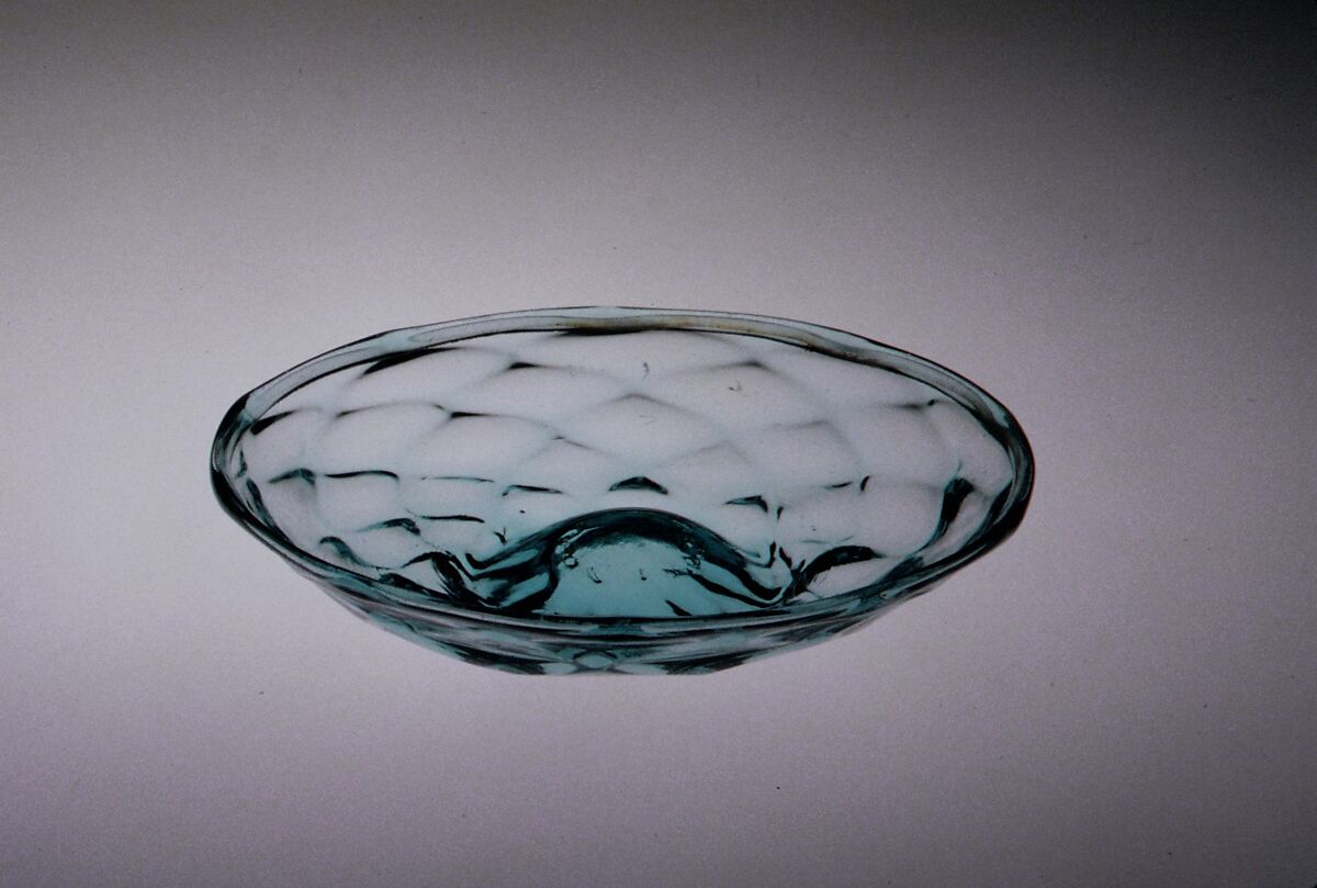 Pan, Blown pattern-molded aquamarine glass, American 
