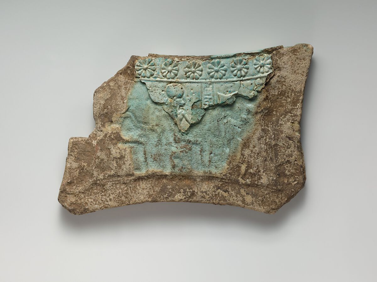 Model tambourine with rosette border, Bastet on one side, her boat with naos on the other, Faience