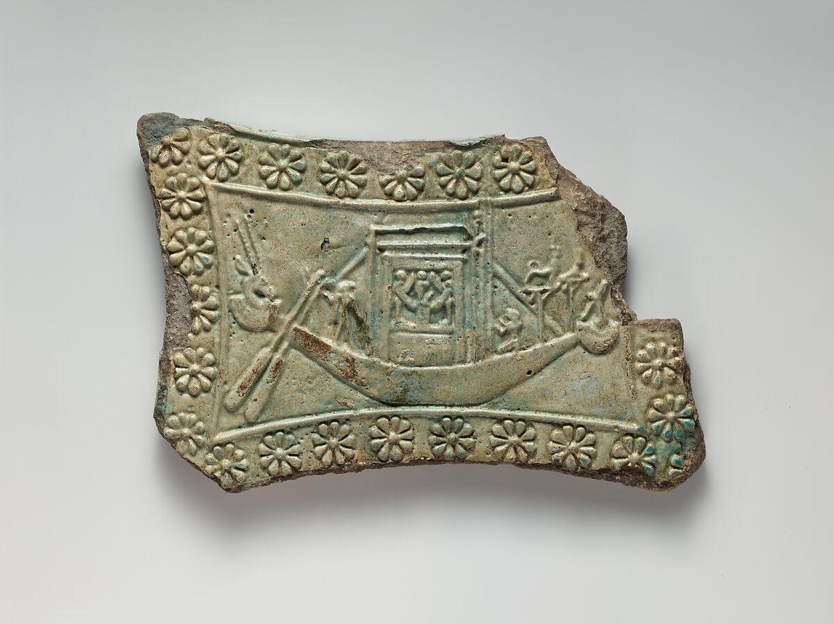 Model tambourine with rosette border, Bastet on one side, her boat with naos on the other, Faience
