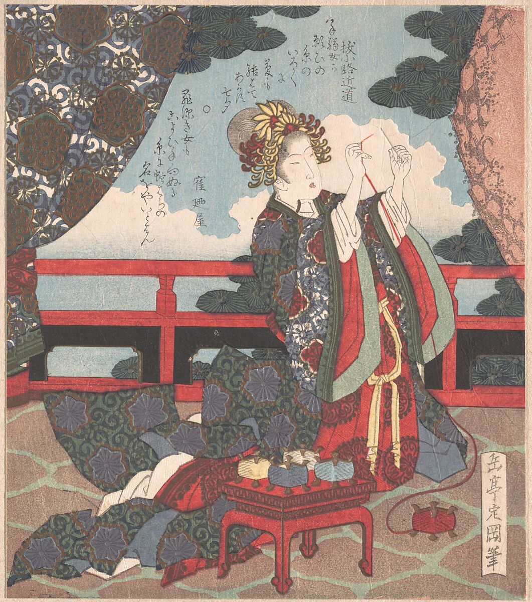 Lady Threading Needle on Verandah, Yashima Gakutei (Japanese, 1786?–1868), Woodblock print (surimono); ink and color on paper, Japan 