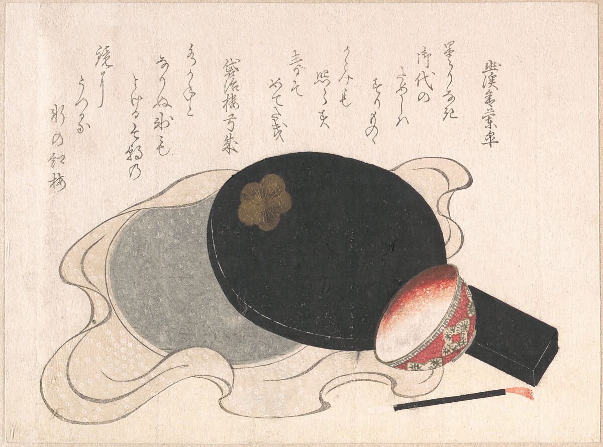 Mirror with Cover, Bowl and Brush for Rouge, Yukeisha (Japanese, 18th–19th century), Woodblock print (surimono); ink and color on paper, Japan 