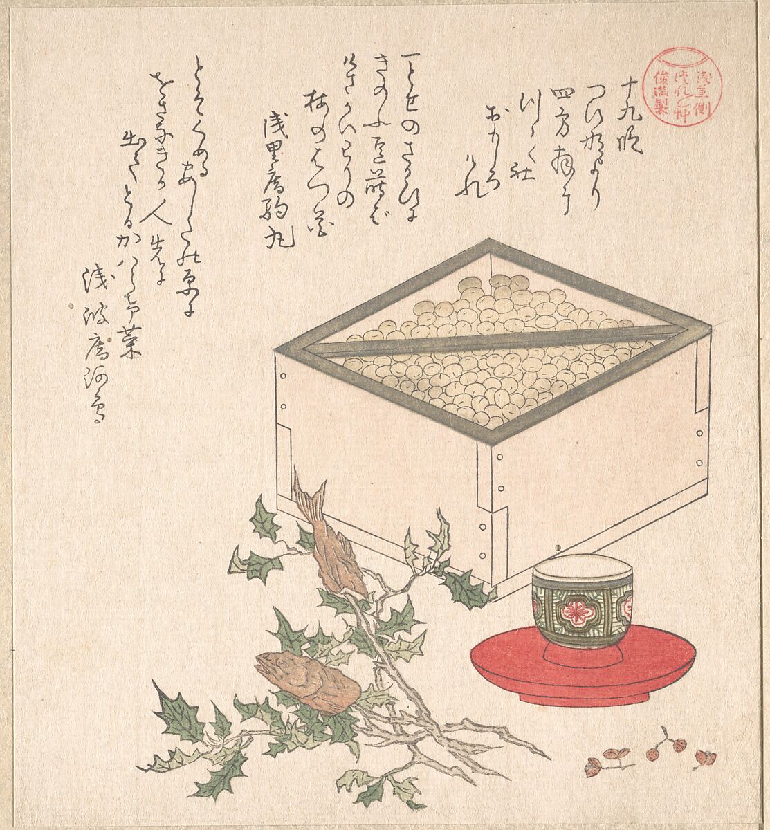 Green Peas in a Measure and Sprays of Hollyhock with Heads of Sardines; Symbols Representing the Ceremony of Exorcising Demons, Kubo Shunman (Japanese, 1757–1820) (?), Woodblock print (surimono); ink and color on paper, Japan 