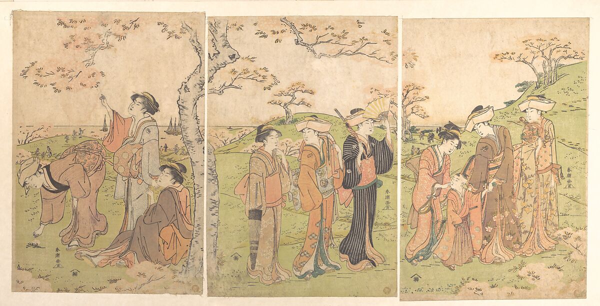 Women and Children Viewing the Cherry Blossoms at Gotenyama, Katsukawa Shunchō (Japanese, active ca. 1783–95), Triptych of woodblock prints; ink and color on paper, Japan 
