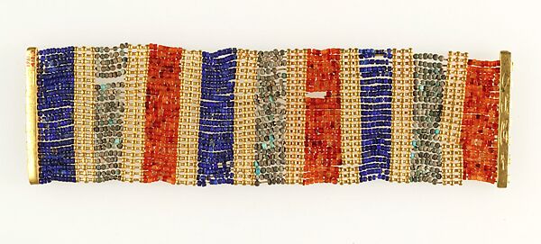 Beaded Cuff Bracelet, Gold, carnelian, lapis lazuli, blue and green glass, faience on bronze or copper wire