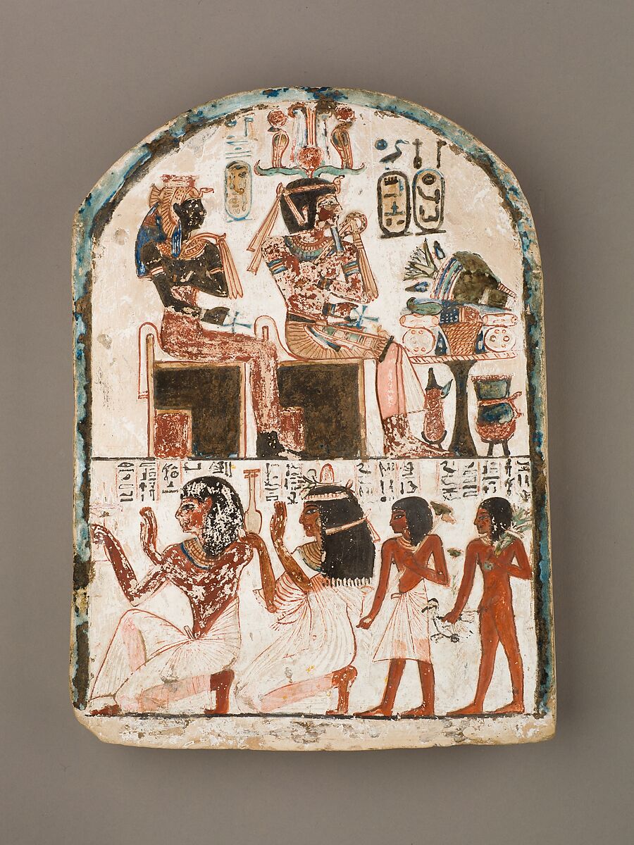 Stela of the Sculptor Qen worshipping Amenhotep I and Ahmose-Nefertari, Limestone, paint 