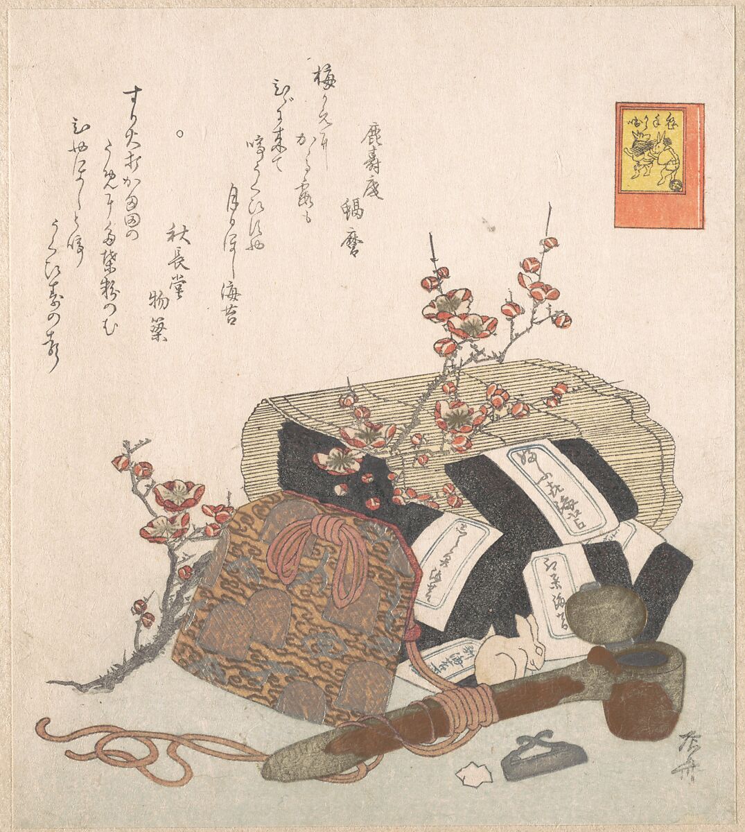 Refined Lavers (A Kind of Sea Weed) and a Handy Writing Outfit with Pouch, Ryūryūkyo Shinsai (Japanese, active ca. 1799–1823), Woodblock print (surimono); ink and color on paper, Japan 
