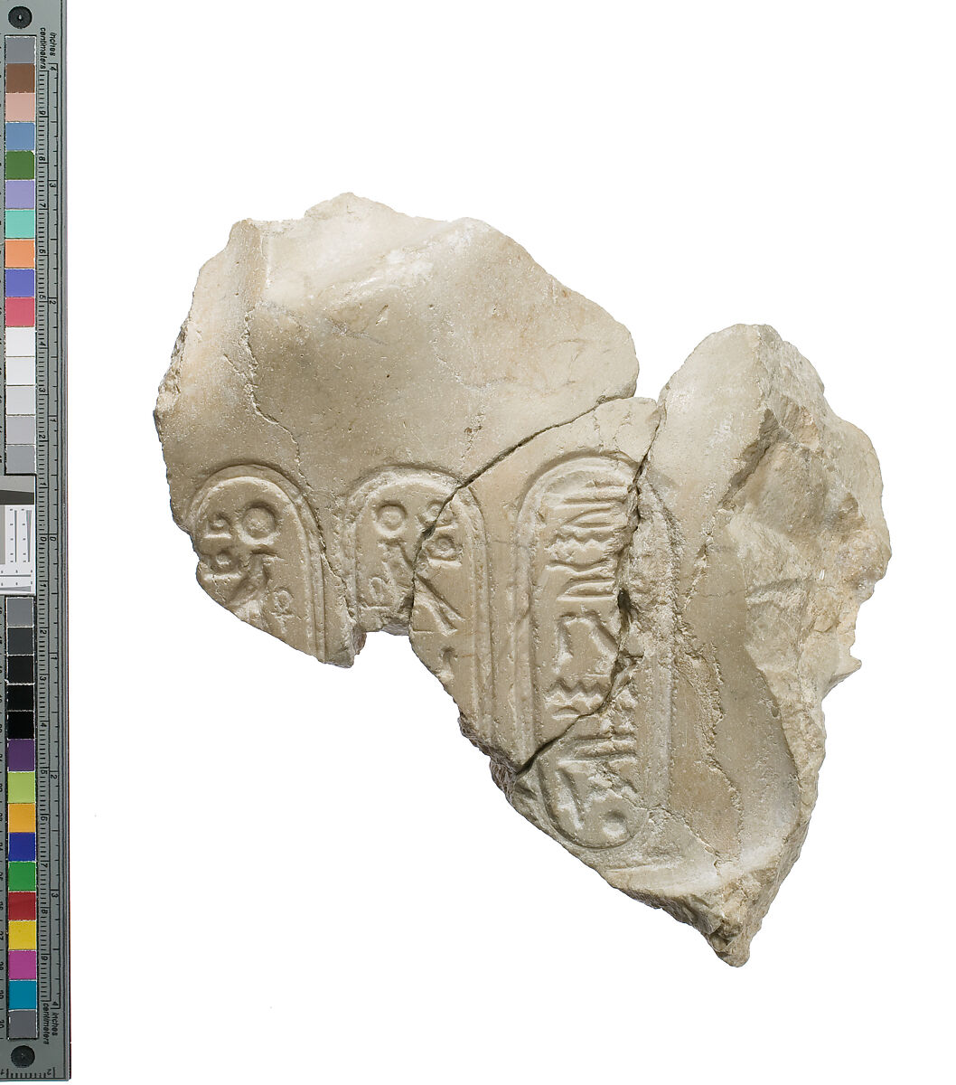 Left chest of Akhenaten prostrate with Aten cartouches, Indurated limestone