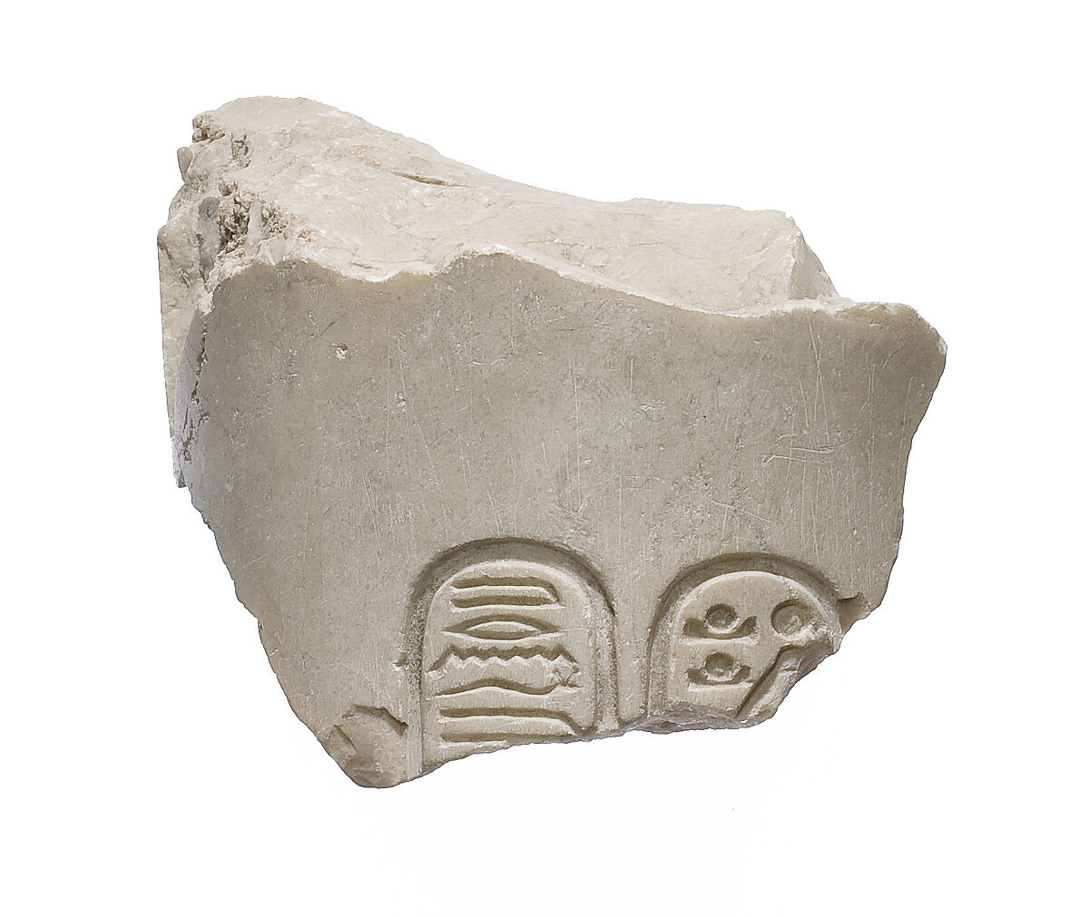 Arm, outside shoulder, Aten cartouches, Indurated limestone 