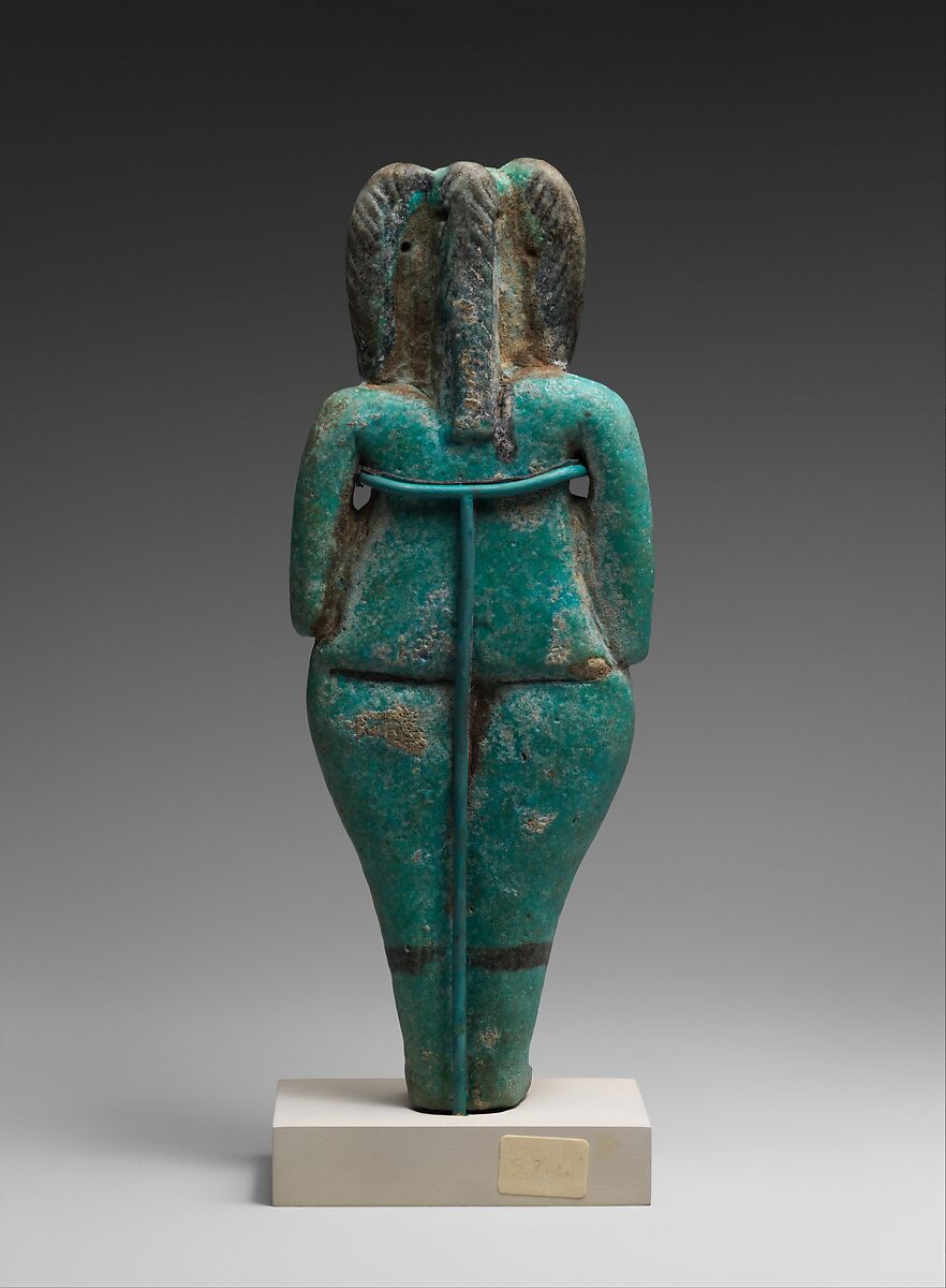 Nude female holding monkeys, Pale blue faience