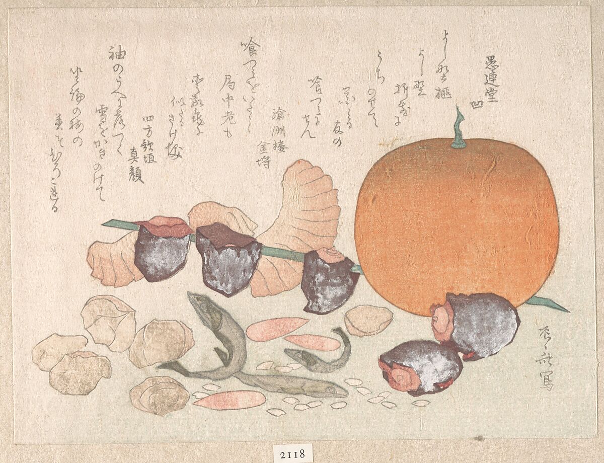 Orange, Dried Persimmons, Herring-Roe and Different Nuts; Food Used for the Celebration of the New Year, Ryūryūkyo Shinsai (Japanese, active ca. 1799–1823), Woodblock print (surimono); ink and color on paper, Japan 
