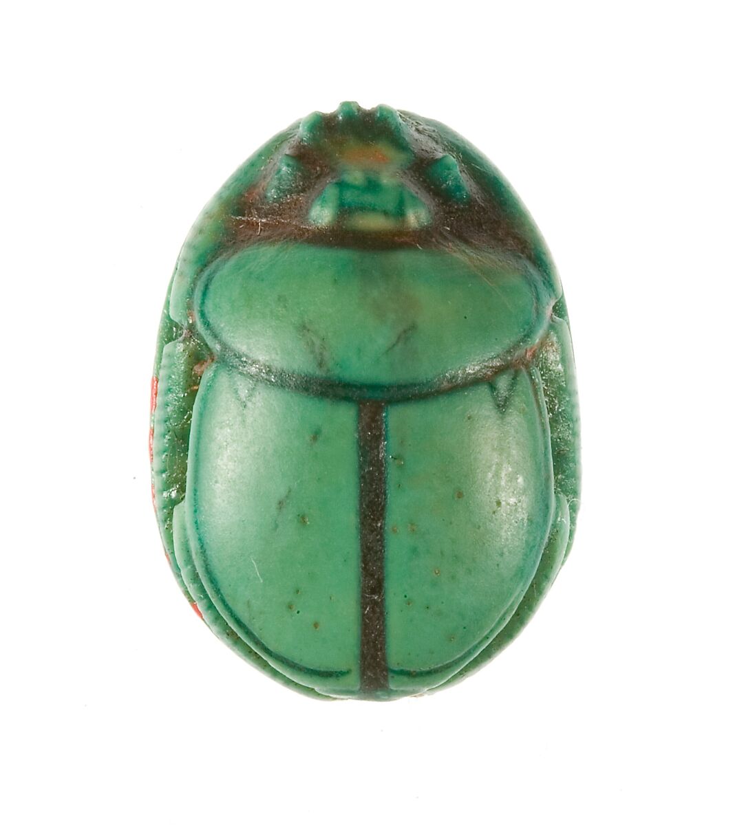 Scarab Inscribed for the Perfect God Maatkare (Hatshepsut), Flanked by Two Red Crowns, Steatite (glazed)