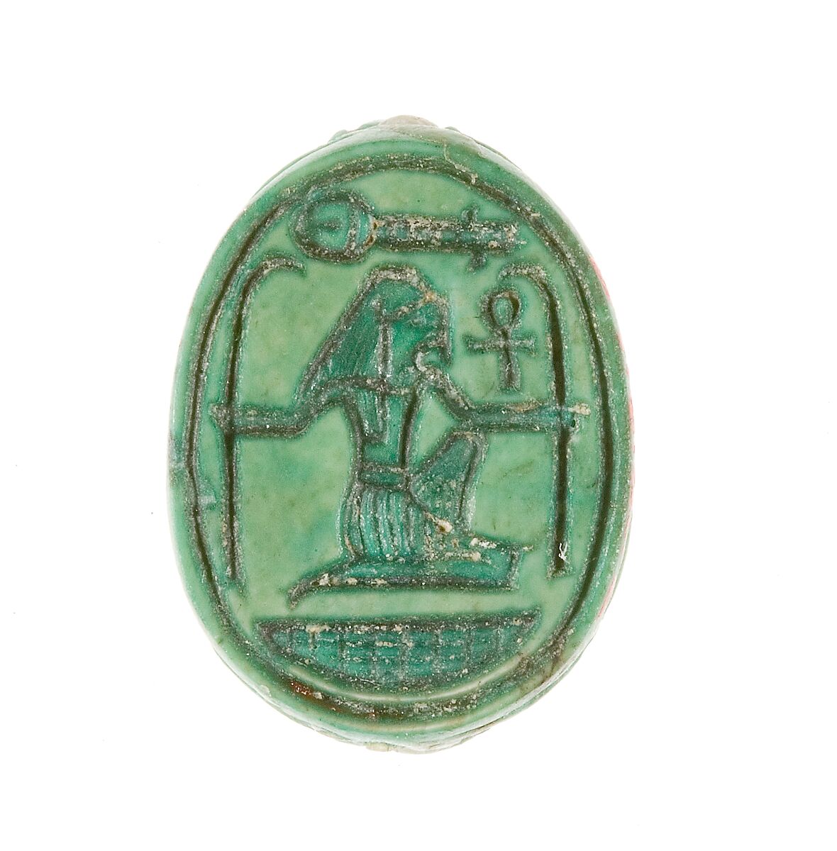 Scarab Inscribed with a Hieroglyphic Motif, Steatite (glazed) 