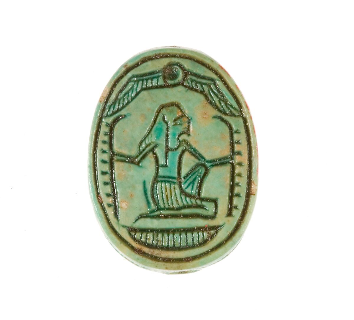 Scarab Inscribed with a Hieroglyphic Motif, Steatite (glazed) 
