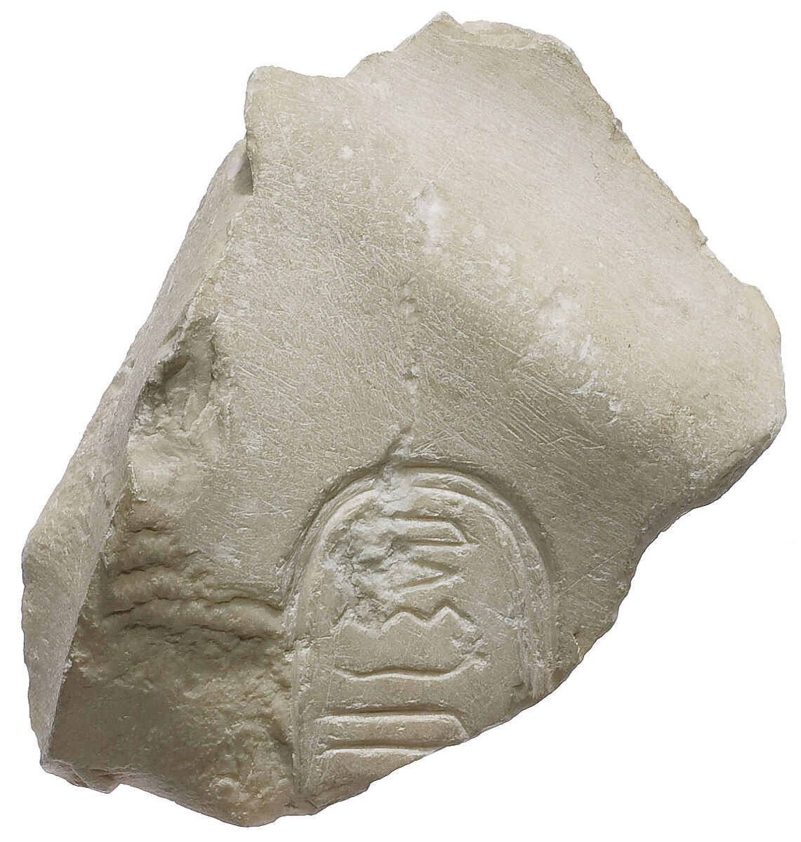 Chest fragment with Aten cartouche, Indurated limestone 