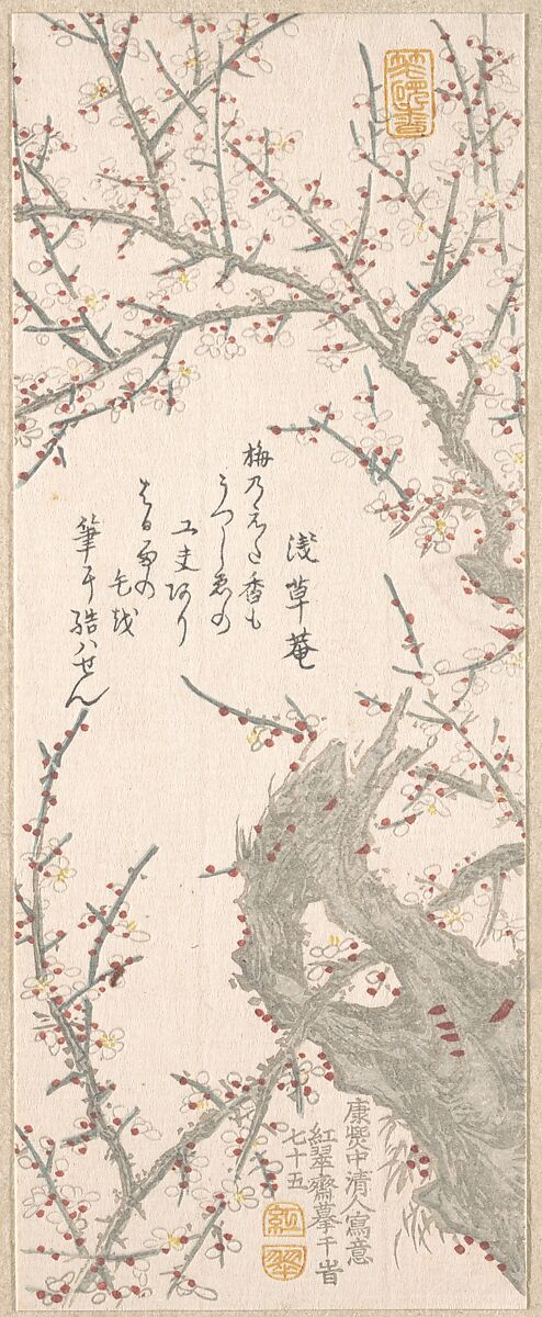 Plum Tree in Blossom, Kitao Shigemasa (Japanese, 1739–1820), Woodblock print (surimono); ink and color on paper, Japan 