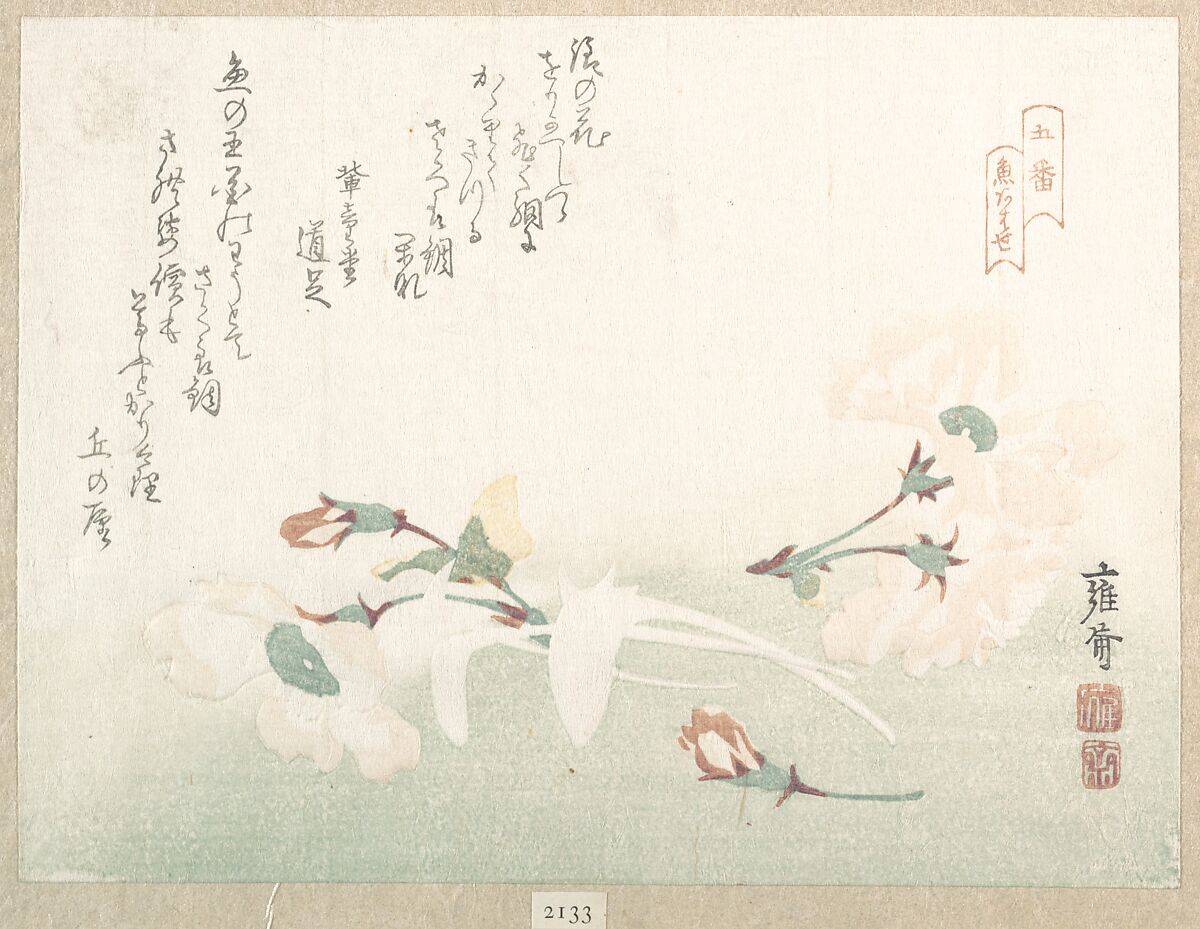 Cherry Flowers, Kikuchi Yōsai (Japanese, 1788–1878), Woodblock print (surimono); ink and color on paper, Japan 