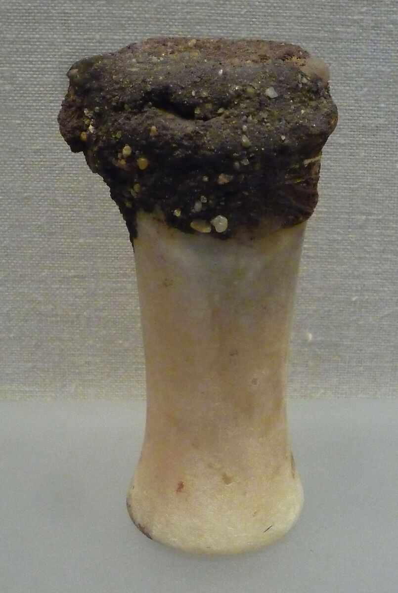 Inscribed Ointment Jar From Foundation Deposit 2 of Hatshepsut's Valley Temple, Travertine (Egyptian alabaster), linen