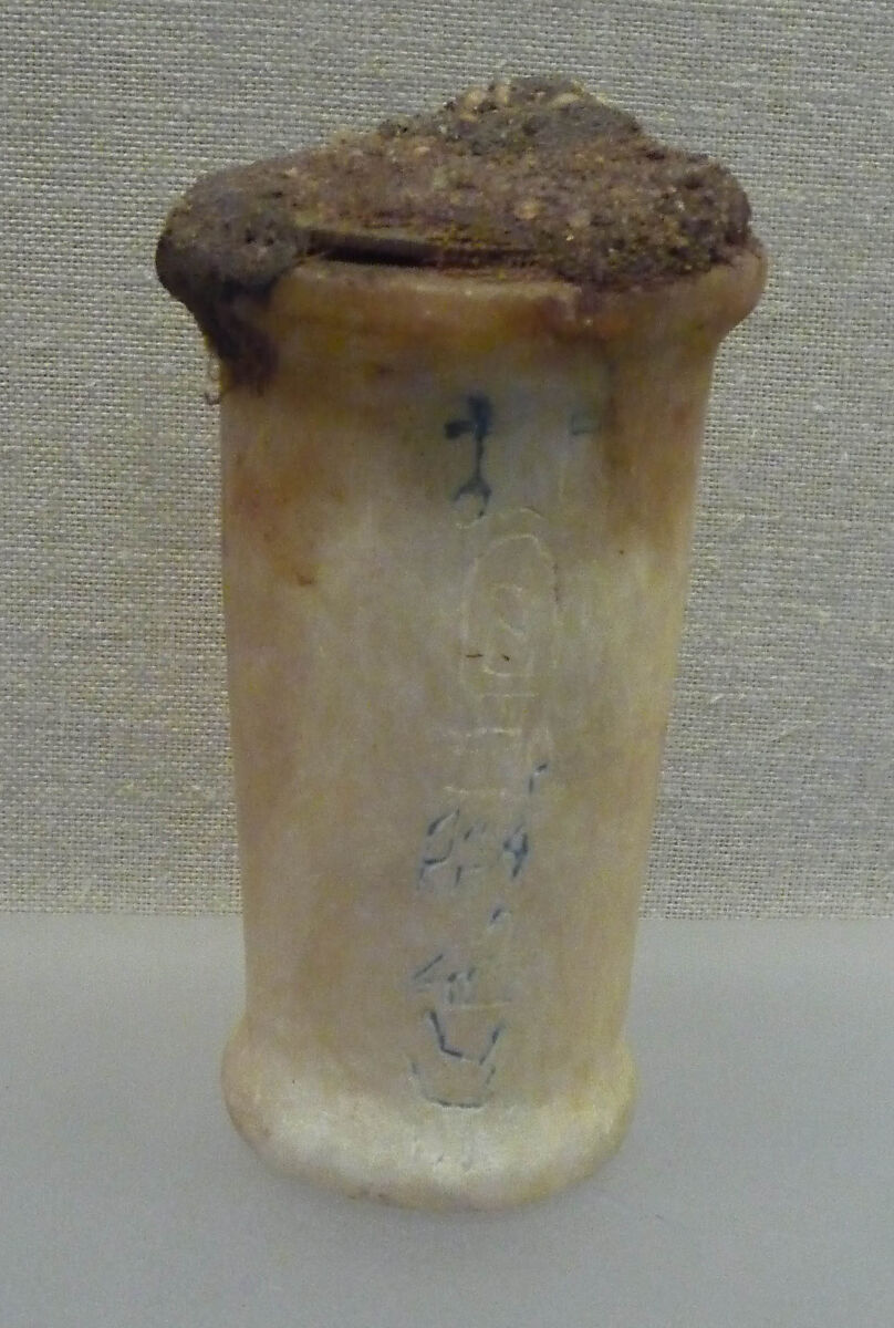 Inscribed Ointment Jar From Foundation Deposit 2 of Hatshepsut's Valley Temple, Travertine (Egyptian alabaster), linen 