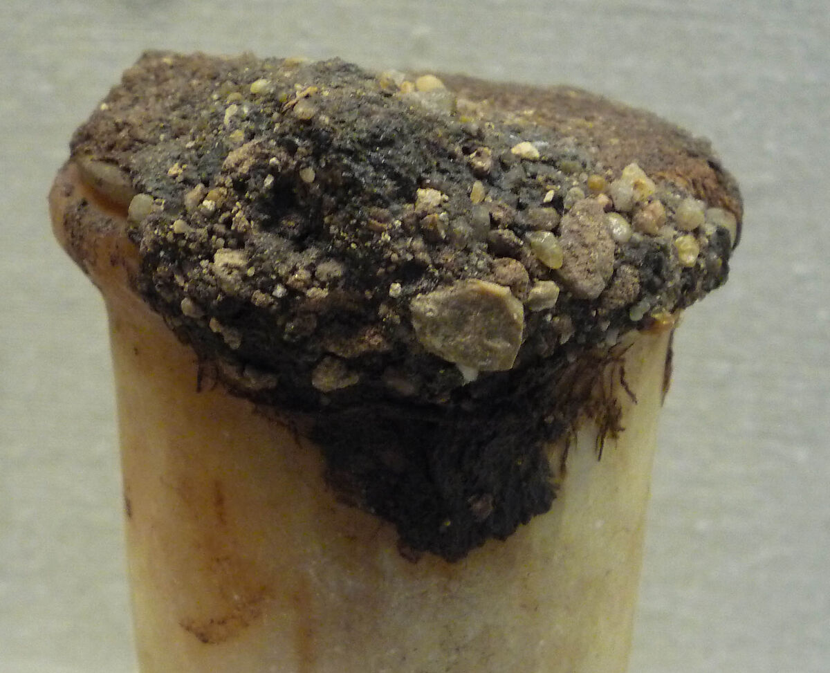 Inscribed Ointment Jar From Foundation Deposit 2 of Hatshepsut's Valley Temple, Travertine (Egyptian alabaster), linen