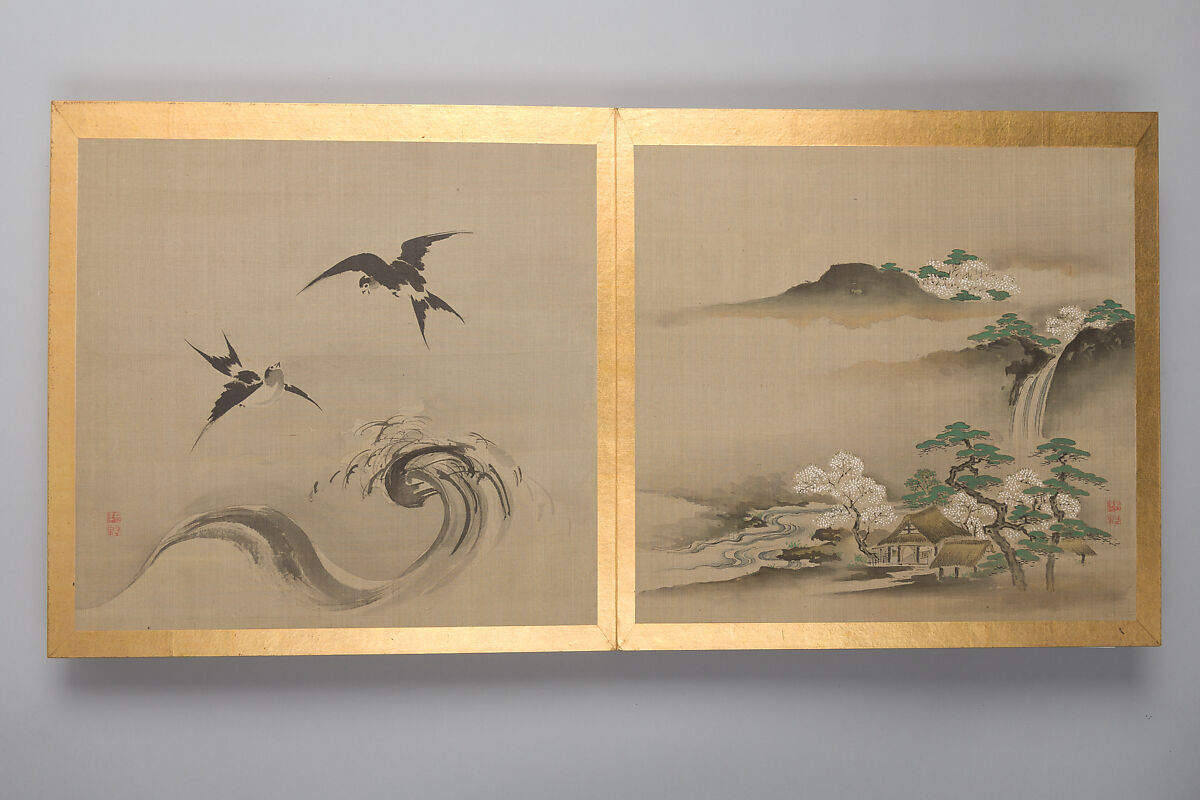 Thirty paintings of birds, flowers and landscape, Album; silk, Japan