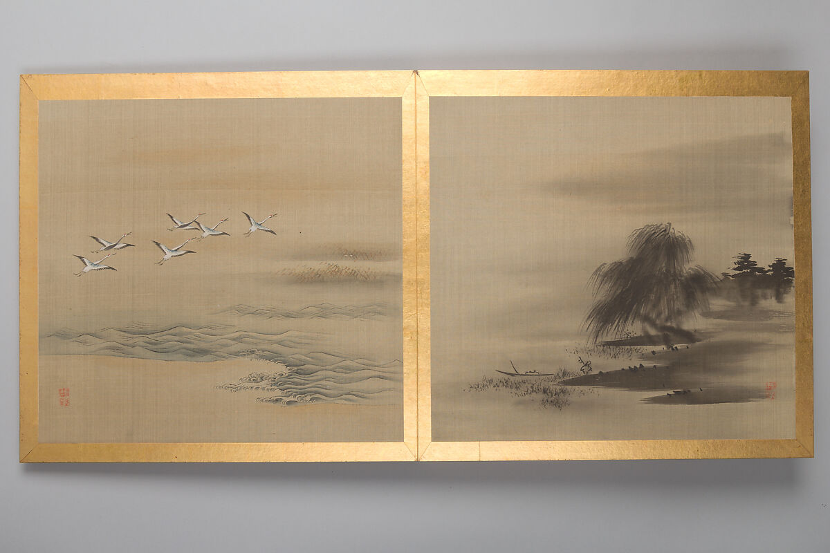 Thirty paintings of birds, flowers and landscape, Album; silk, Japan