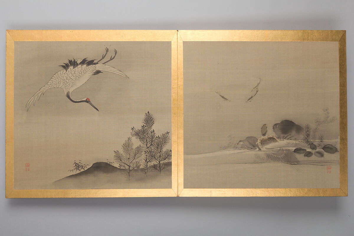 Thirty paintings of birds, flowers and landscape, Album; silk, Japan