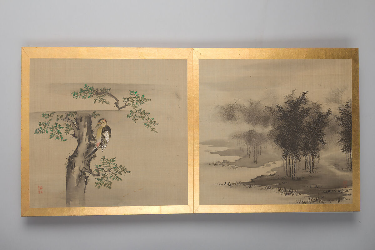 Thirty paintings of birds, flowers and landscape, Album; silk, Japan