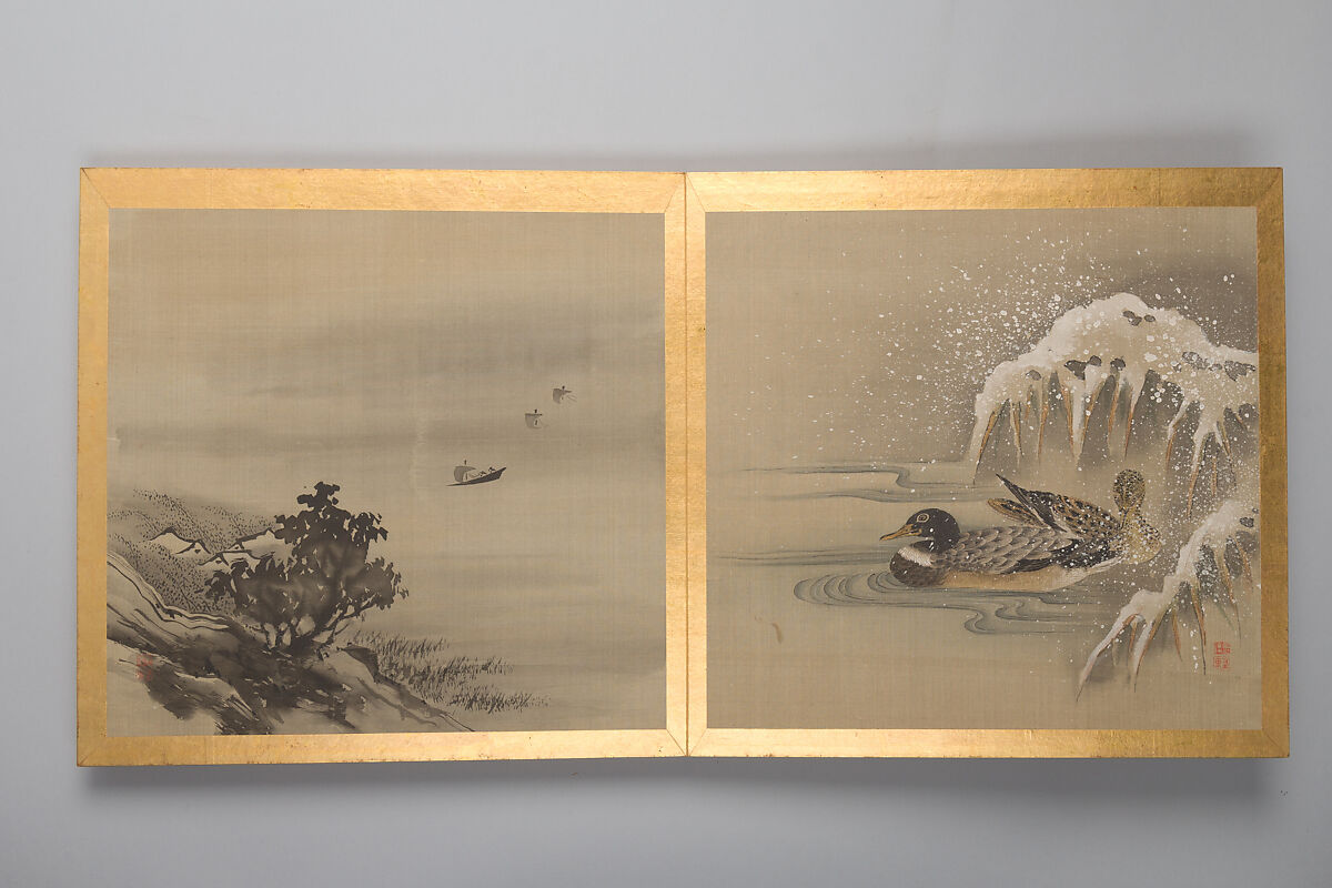 Thirty paintings of birds, flowers and landscape, Album; silk, Japan