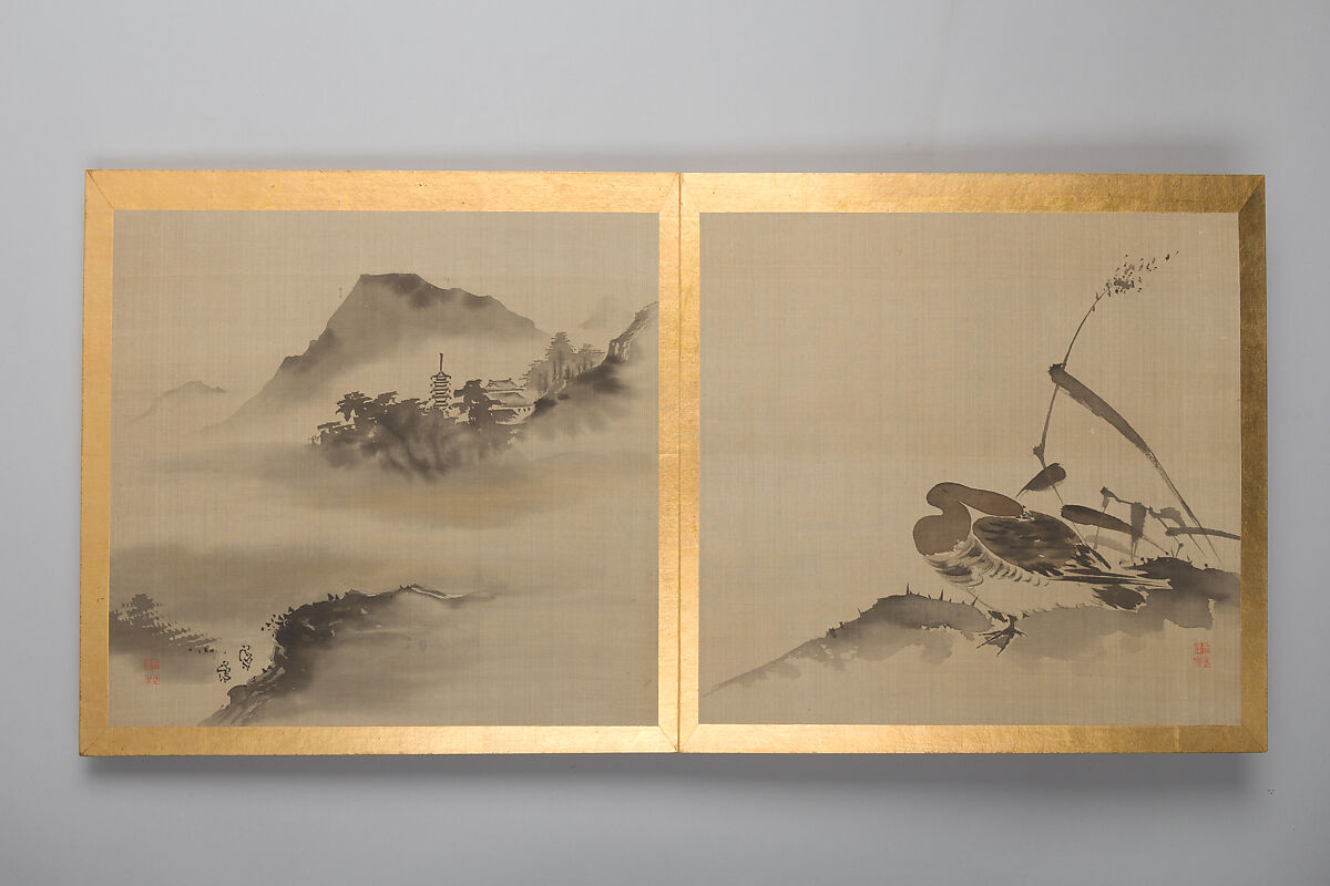 Thirty paintings of birds, flowers and landscape, Album; silk, Japan