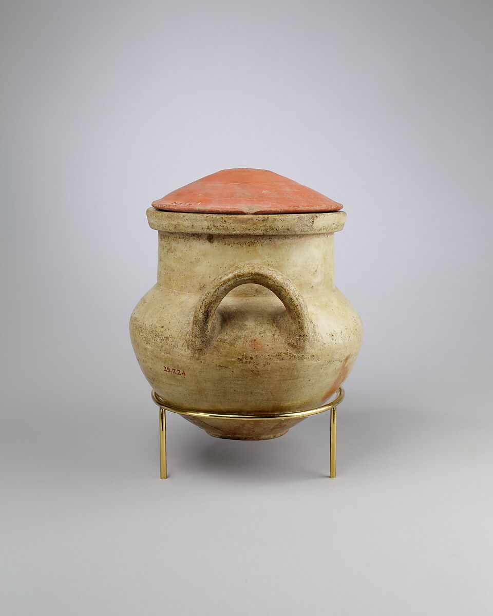 Vessel with strap handles and a lid, Pottery