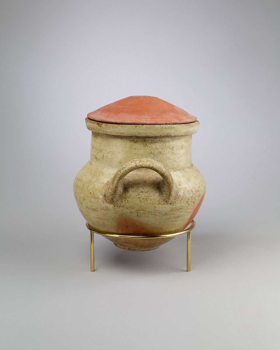 Vessel with strap handles and a lid, Pottery