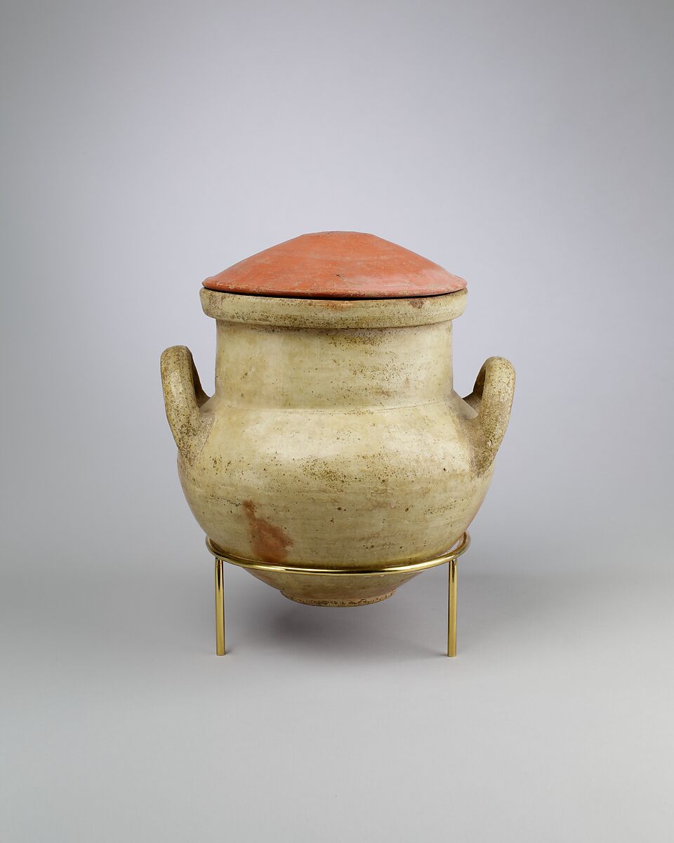 Vessel with strap handles and a lid, Pottery 