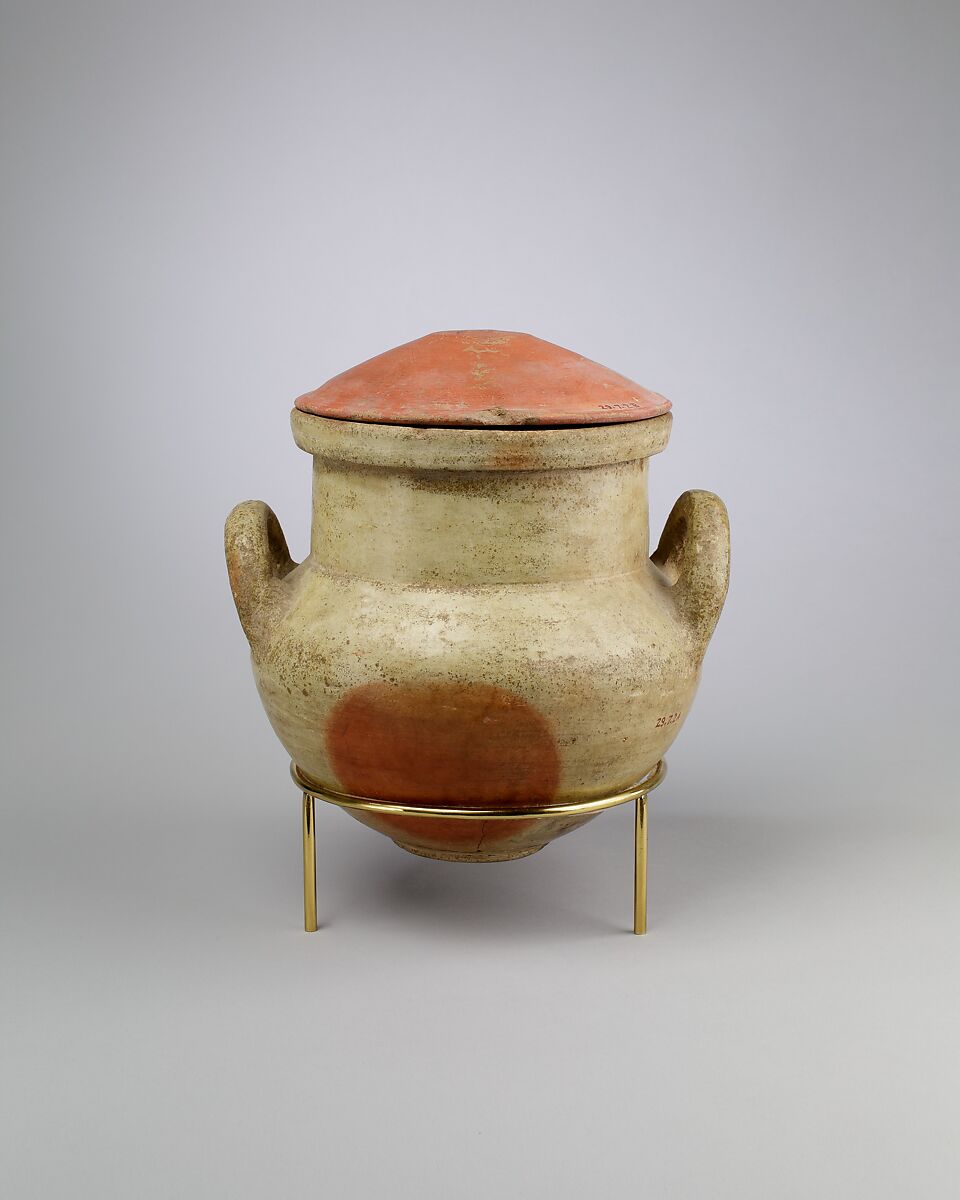 Vessel with strap handles and a lid, Pottery