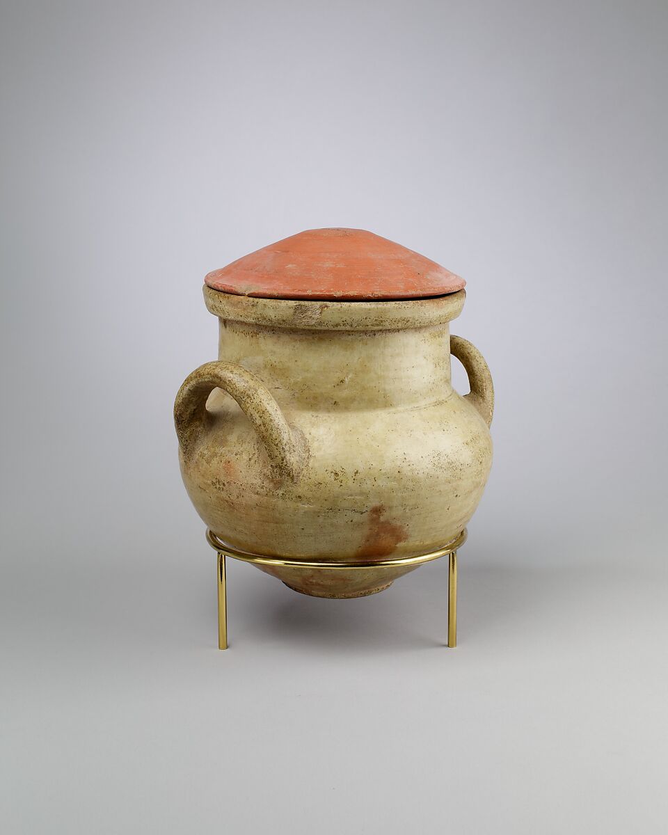 Vessel with strap handles and a lid, Pottery