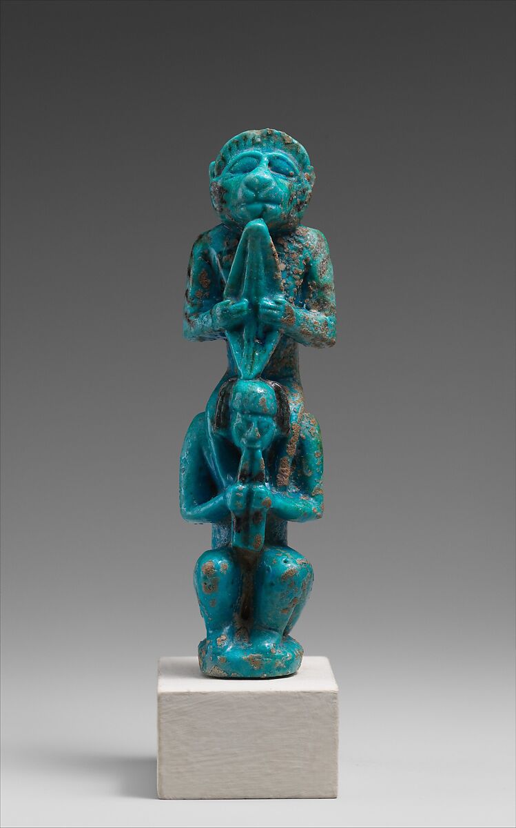 Monkey and Man Playing Instruments, Faience 