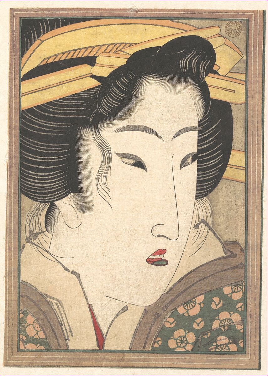 Head of a Beauty, Keisai Eisen (Japanese, 1790–1848), Woodblock print; ink and color on paper, Japan 