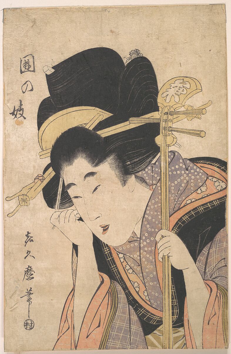 A Geisha with a Shamisen, Kitagawa Kikumaro (Japanese, died 1830), Woodblock print; ink and color on paper, Japan 