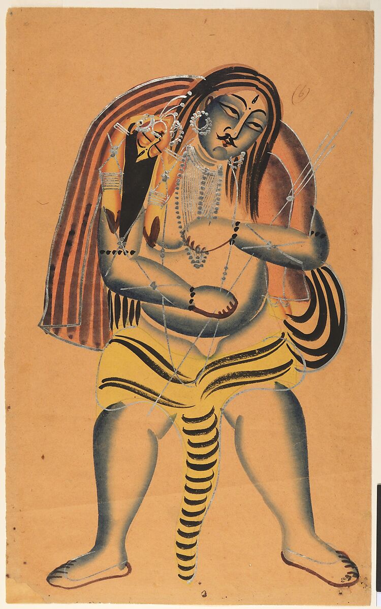 Shiva Carries the Corpse of Sati, Ink, opaque watercolor, and silver paint on paper, India (West Bengal, Calcutta, Khalighat) 