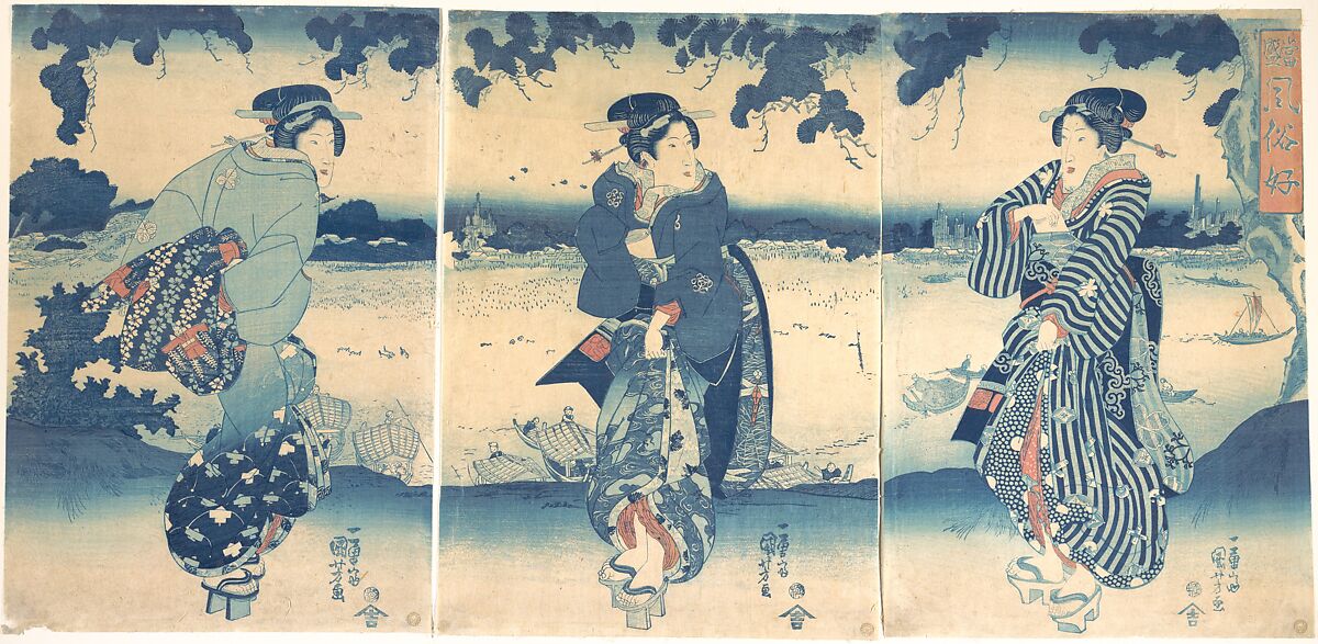 Women Near a River, Utagawa Kuniyoshi (Japanese, 1797–1861), Triptych of woodblock prints; ink, silver, and color on paper, Japan 
