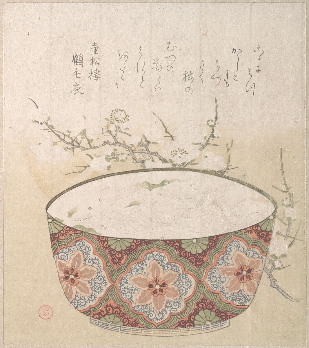 Bowl with White-Baits and Plum Blossoms, Kubo Shunman (Japanese, 1757–1820), Woodblock print (surimono); ink and color on paper, Japan 