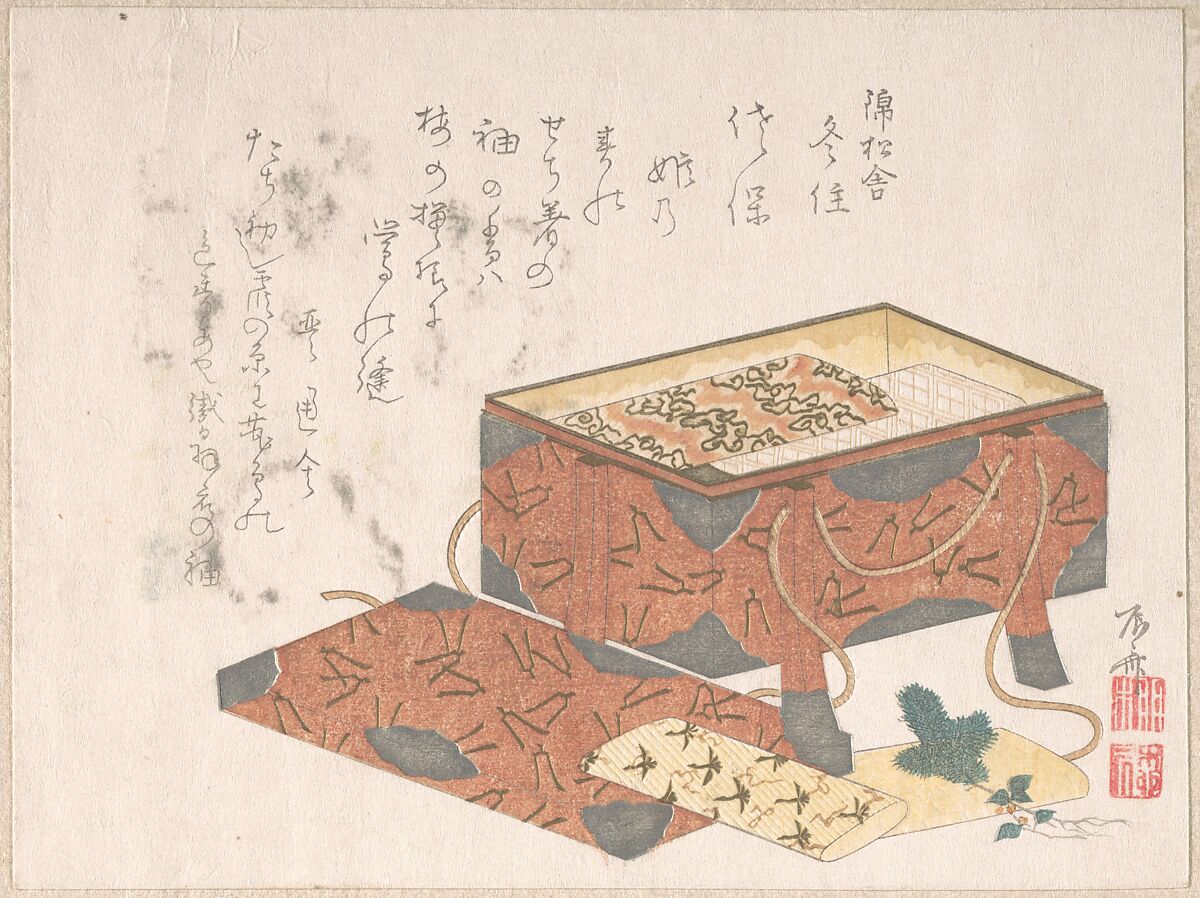 Lacquer Box for Clothes, Ryūryūkyo Shinsai (Japanese, active ca. 1799–1823), Woodblock print (surimono); ink and color on paper, Japan 