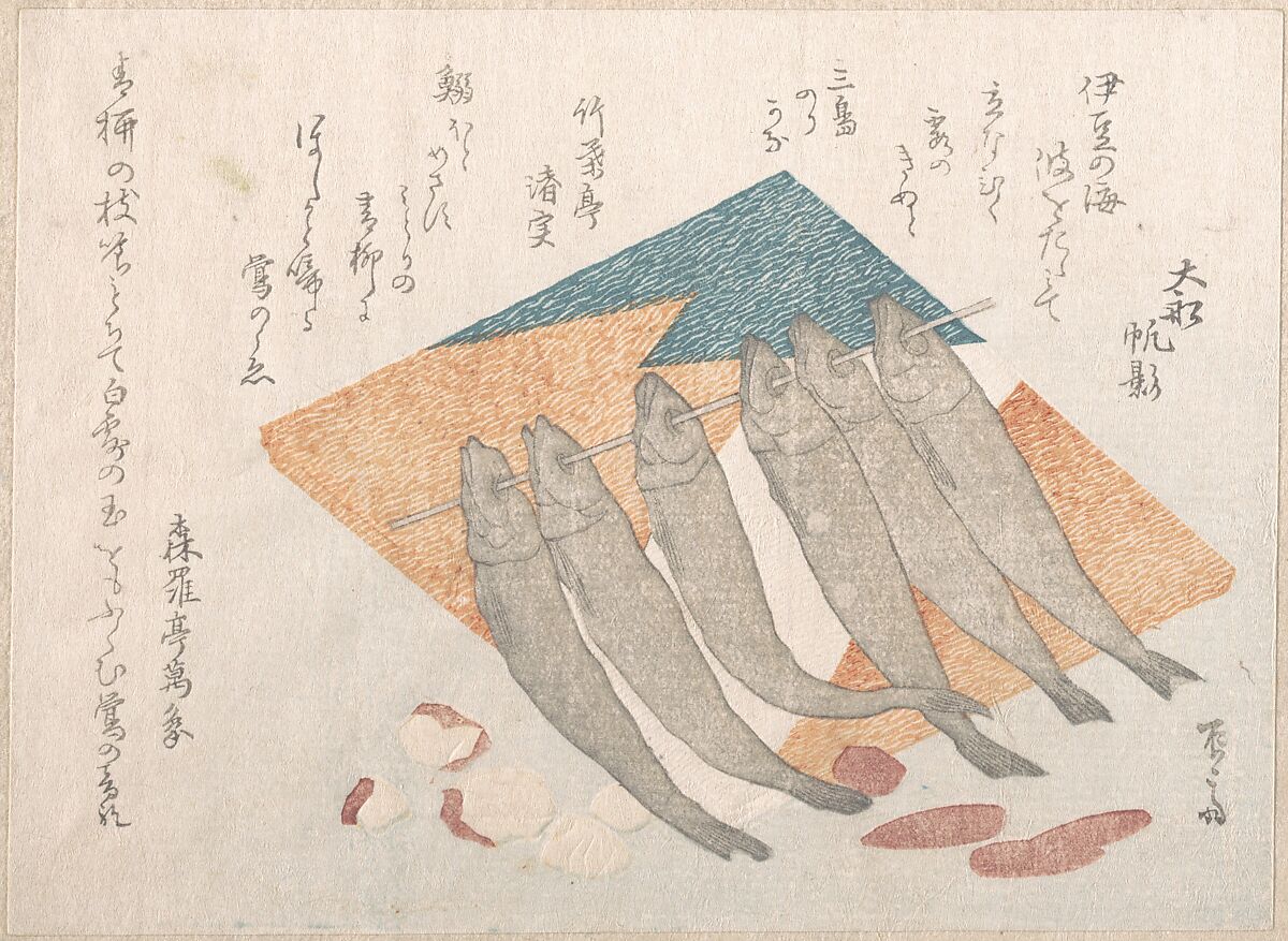 Dried Sardines, Tablet of Sea-Weed and Nuts, Ryūryūkyo Shinsai (Japanese, active ca. 1799–1823), Woodblock print (surimono); ink and color on paper, Japan 