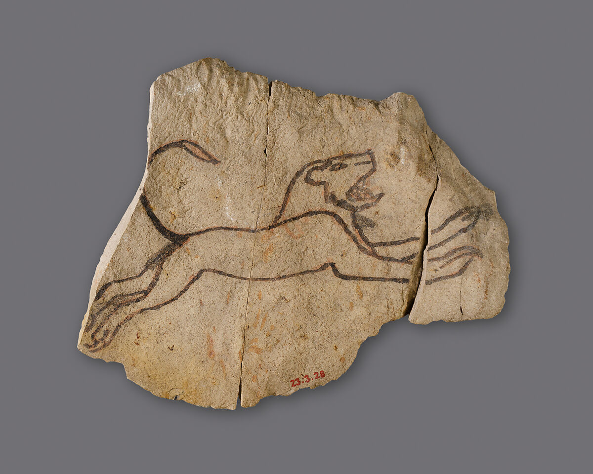 Ostracon with sketch of a running lion, Limestone, ink 