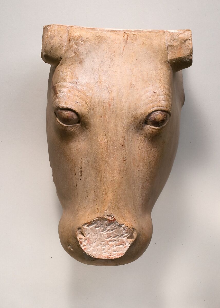 Cow's Head from a frontal representation of a cow emerging from a wall, Limestone, paint traces