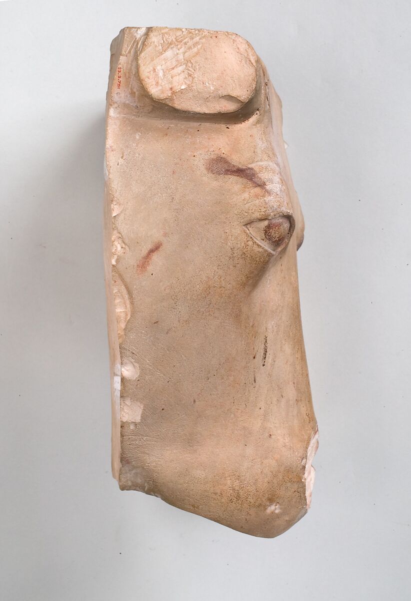 Cow's Head from a frontal representation of a cow emerging from a wall, Limestone, paint traces